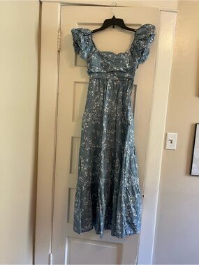 Altar'd State Dusty Blue Floral Puff-Sleeve Tiered Maxi Dress